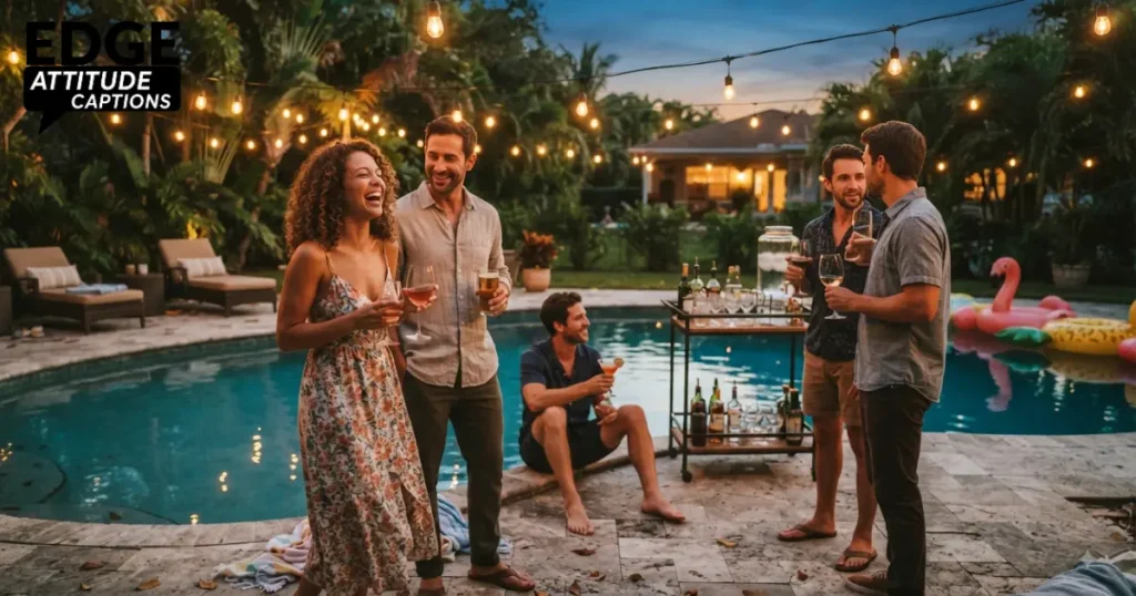 pool party evening captions photo